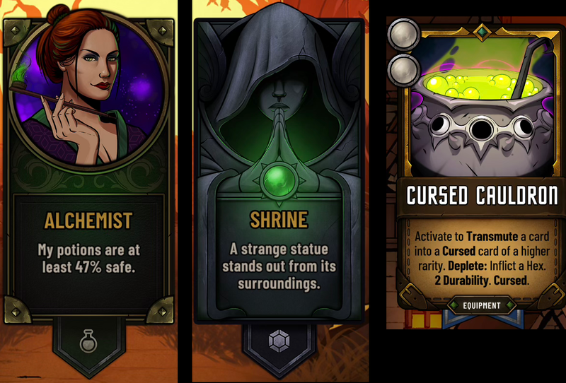 Theresa the alchemist, a shrine, and the Cursed Cauldron equipment card